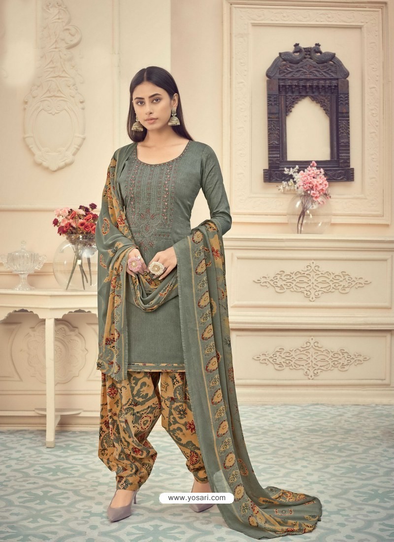 Grayish Green Heavy Designer Pure Jam Cotton Punjabi Patiala Suit