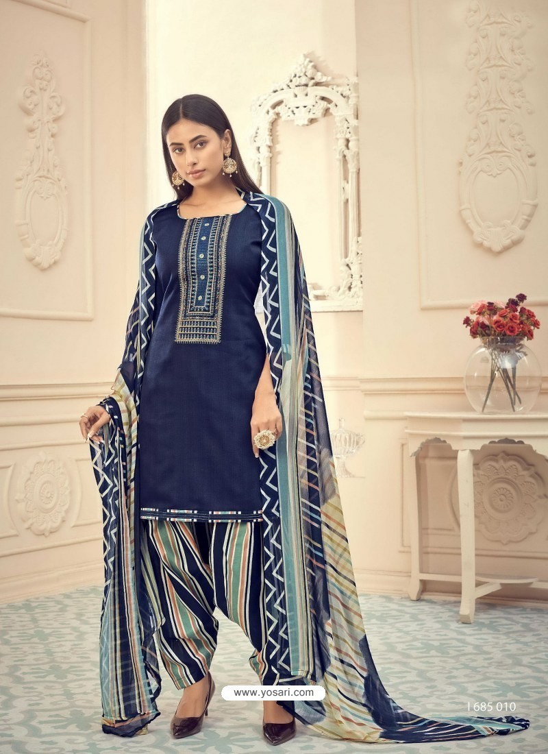 Dark Blue Heavy Designer Pure Jam Cotton Punjabi Patiala Suit