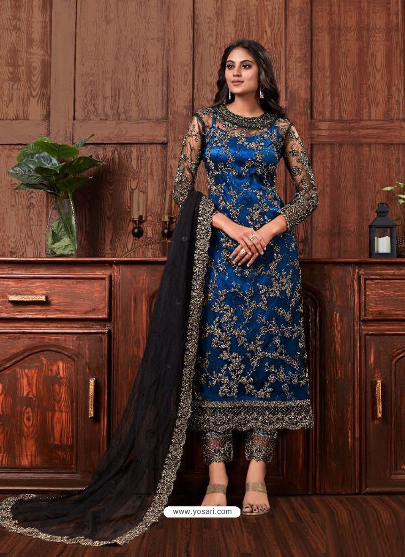 Royal Blue Party Wear Designer Heavy Net Straight Salwar Suit