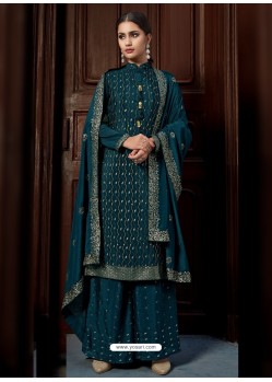 Teal Blue Heavy Designer Party Wear Chinnon Palazzo Suit