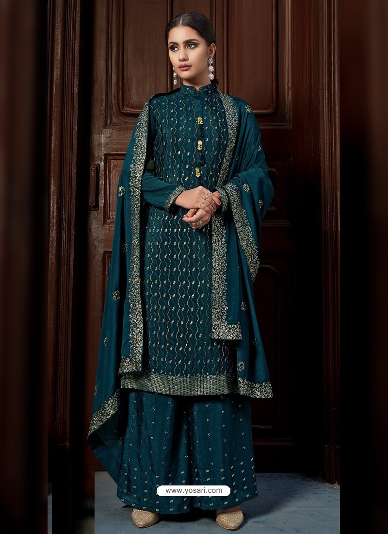 Teal Blue Heavy Designer Party Wear Chinnon Palazzo Suit