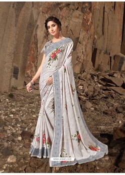 Light Grey Designer Lukhnavi Embroidered Party Wear Silk Georgette Sari