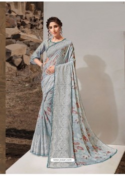 Aqua Grey Designer Lukhnavi Embroidered Party Wear Silk Georgette Sari