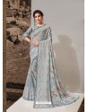 Aqua Grey Designer Lukhnavi Embroidered Party Wear Silk Georgette Sari