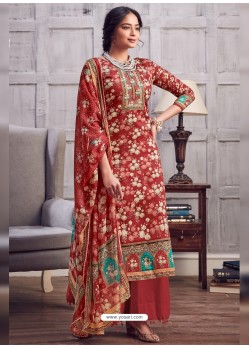 Red Latest Designer Party Wear Pure Jam Palazzo Suit