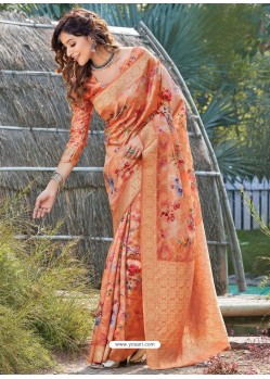 Orange Latest Digital Printed Designer Party Wear Silk Sari
