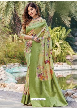 Green Latest Digital Printed Designer Party Wear Silk Sari