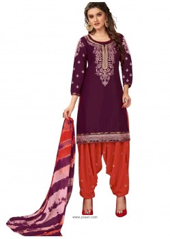 Purple Designer Party Wear Glaze Cotton Patiala Suit