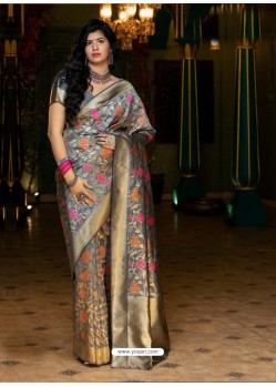 Grey Designer Classic Traditional Wear Banarasi Silk Sari