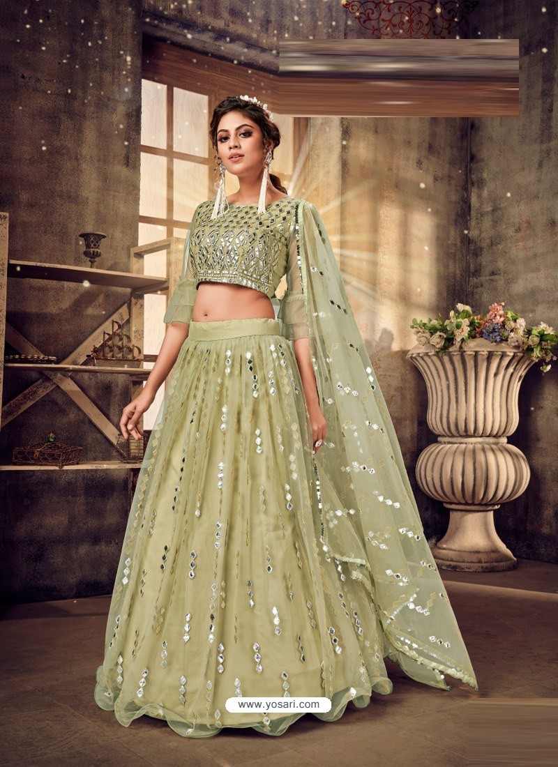 Pista-Green Pure Organza Embellished Designer Lehenga Choli with Pink  Dupatta | Exotic India Art