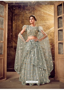 Grayish Green Gorgeous Designer Party Wear Soft Net Lehenga