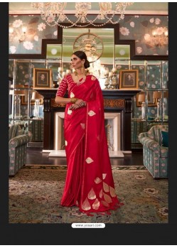 Red Sensational Designer Party Wear Satin Weaving Silk Sari