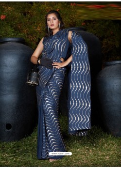 Dark Blue Gorgeous Designer Party Wear Silk Sari