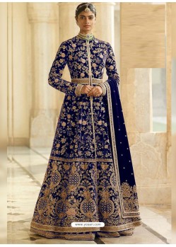 Royal Blue Heavy Embroidered Designer Velvet Wedding Wear Anarkali Suit