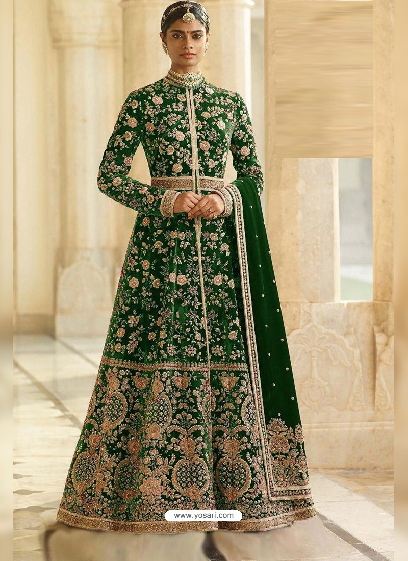 Forest Green Heavy Embroidered Designer Velvet Wedding Wear Anarkali Suit