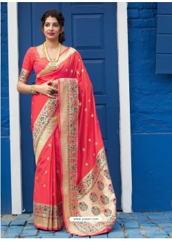 Dark Peach Designer Classic Party Wear Pure Banarasi Silk Sari