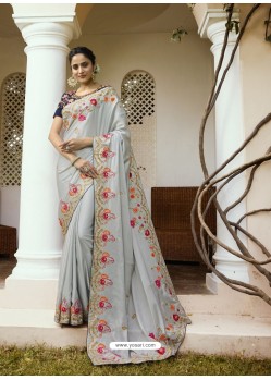 Light Grey Mesmeric Designer Traditional Wear Silk Sari