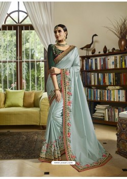 Aqua Grey Mesmeric Designer Traditional Wear Silk Sari