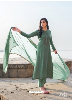 Grayish Green Designer Party Wear Cotton Silk Salwar Suit