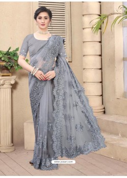 Grey Mesmeric Designer Party Wear Net Sari