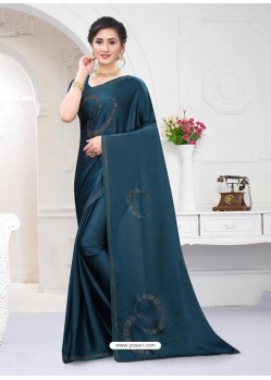 Teal Blue Fabulous Designer Party Wear Satin Sari