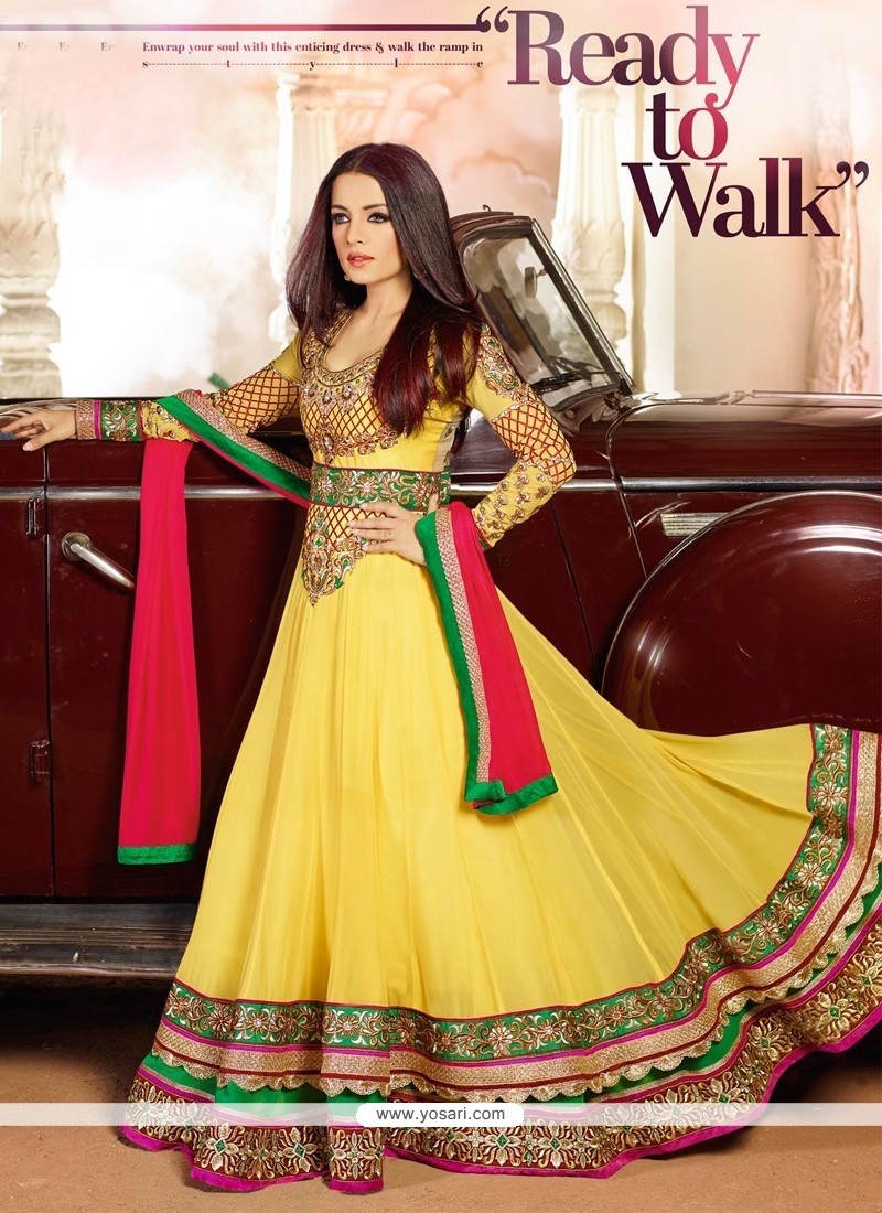 Celina Jaitly Yellow Lace Anarkali Salwar Suit