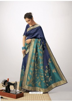 Dark Blue Latest Designer Party Wear Cotton Silk Sari