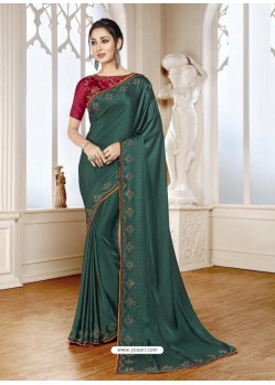 Dark Green Mesmeric Designer Classic Wear Satin Sari