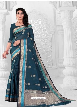 Teal Blue Latest Designer Classic Wear Linen Sari