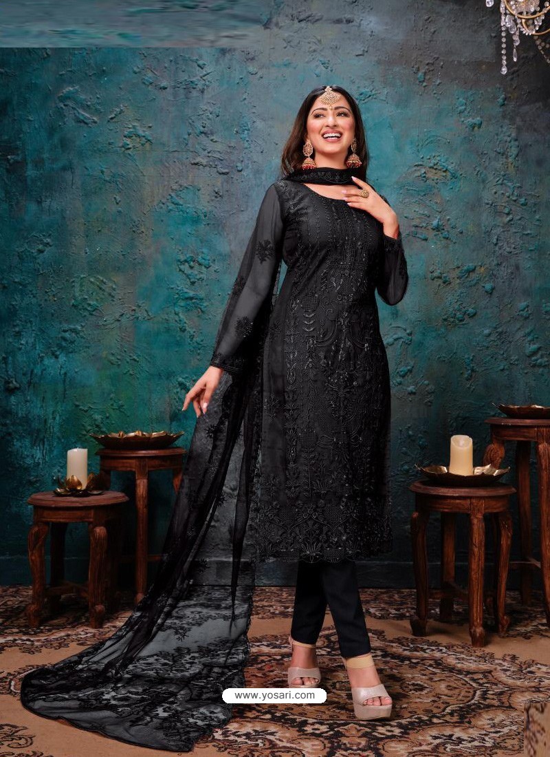 Unstitched Black Cotton Salwar Suit Dress Material with Embroidery –  Stilento
