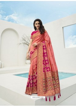 Light Red Latest Party Wear Designer Banarasi Silk Sari
