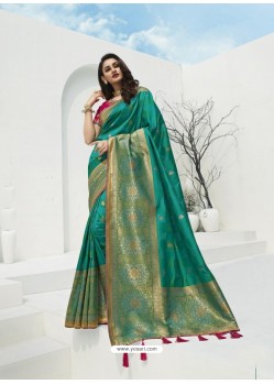 Turquoise Latest Party Wear Designer Banarasi Silk Sari