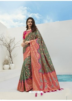 Mehendi Latest Party Wear Designer Banarasi Silk Sari