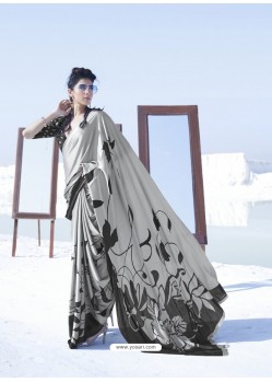Light Grey Latest Casual Designer Japan Satin Crepe Sari