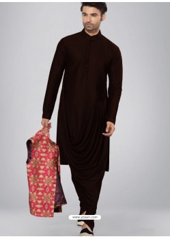 Coffee Readymade Designer Party Wear Kurta Pajama For Men