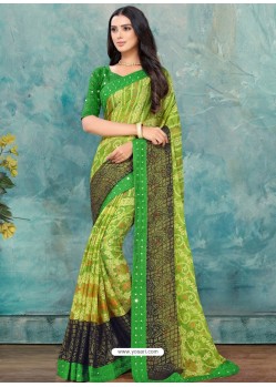 Parrot Green Latest Casual Designer Chiffon Brasso Sari