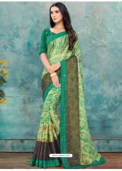 Jade Green Latest Casual Designer Chiffon Brasso Sari