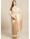 Cream Designer Weaving Viscose Silk Classic Wear Sari