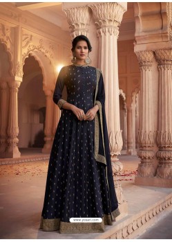 Navy Blue Heavy Embroidered Designer Pure Rashian Silk Anarkali Suit