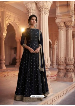 Black Heavy Embroidered Designer Pure Rashian Silk Anarkali Suit