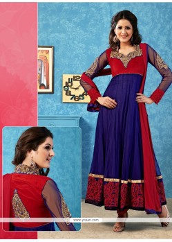 Decent Blue And Red Velvet Anarkali Salwar Suit