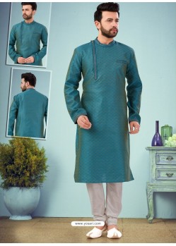 Teal Blue Readymade Designer Party Wear Kurta Pajama For Men