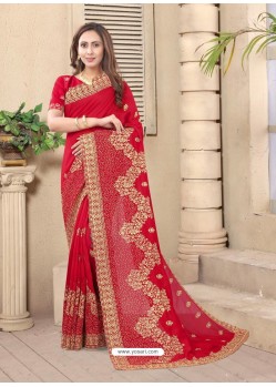 Tomato Red Party Wear Designer Embroidered Vichitra Blooming Silk Sari