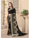 Black Party Wear Designer Embroidered Vichitra Blooming Silk Sari