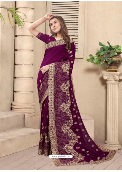 Deep Wine Party Wear Designer Embroidered Vichitra Blooming Silk Sari