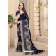 Navy Blue Party Wear Designer Embroidered Vichitra Blooming Silk Sari