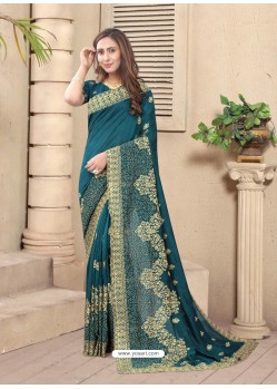 Teal Blue Party Wear Designer Embroidered Vichitra Blooming Silk Sari