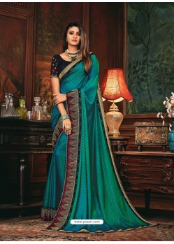 Turquoise Scintillating Party Wear Designer Silk Sari
