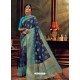 Dark Blue Gorgeous Heavy Designer Party Wear Dola Silk Sari