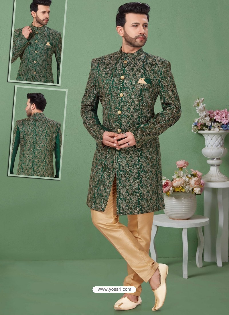 Dark Green Readymade Designer Indo Western Sherwani